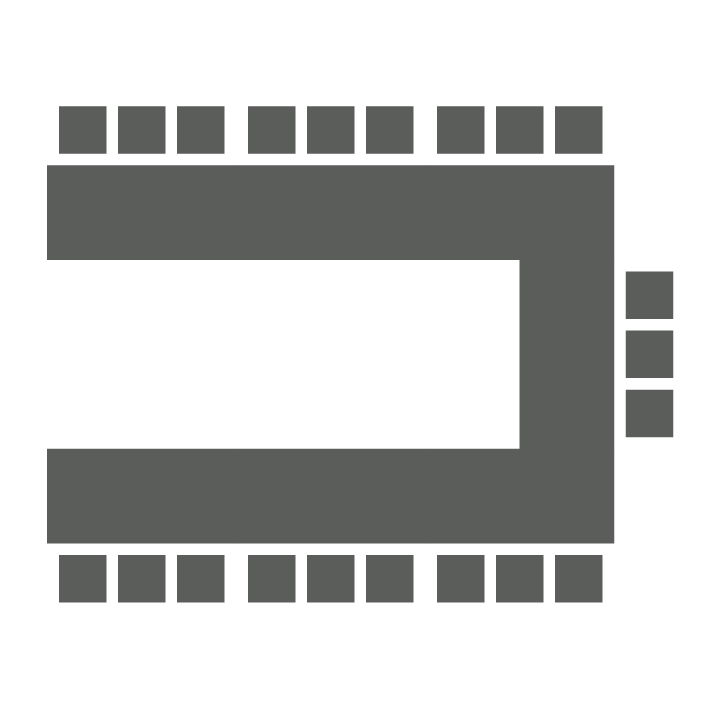 A gray, abstract design features a horseshoe-shaped figure at its center, evoking the sophisticated aesthetics of sustainable events. It is framed by evenly spaced small rectangles along the top, right, and bottom edges.